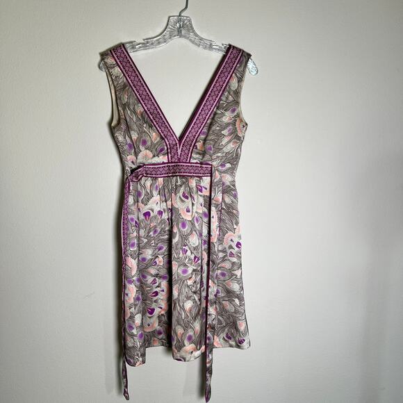H&M Peacock Print Sleeveless Deep V-Neck Mini Dress Women's Size 6 Purple/Tan - Picture 3 of 7